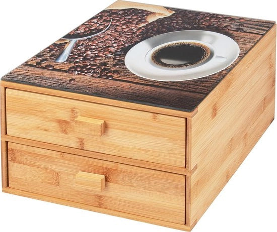 Cassa per capsule di caffè in bambù con vetrata decorativa. 

Casa per teiere in buste