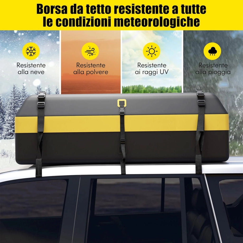Borsa da Tetto per Auto Impermeabile 21Cu.Ft/595L, Box Tetto Universale con Tappetino Antiscivolo+ 10 Cinghie+ 6 Ganci, Sacca per Auto con/senza Barre Portapacchi(Giallo)