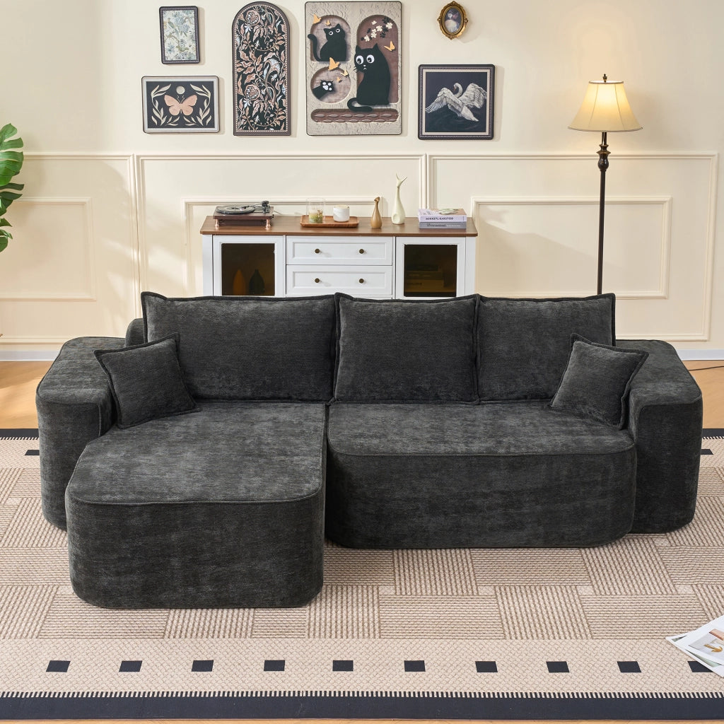 Divano Ad Angolo Modulare 3 Posti con Chaise Longue; Seduta Profonda; Senza Montaggio; Design Minimal in Ciniglia Nero