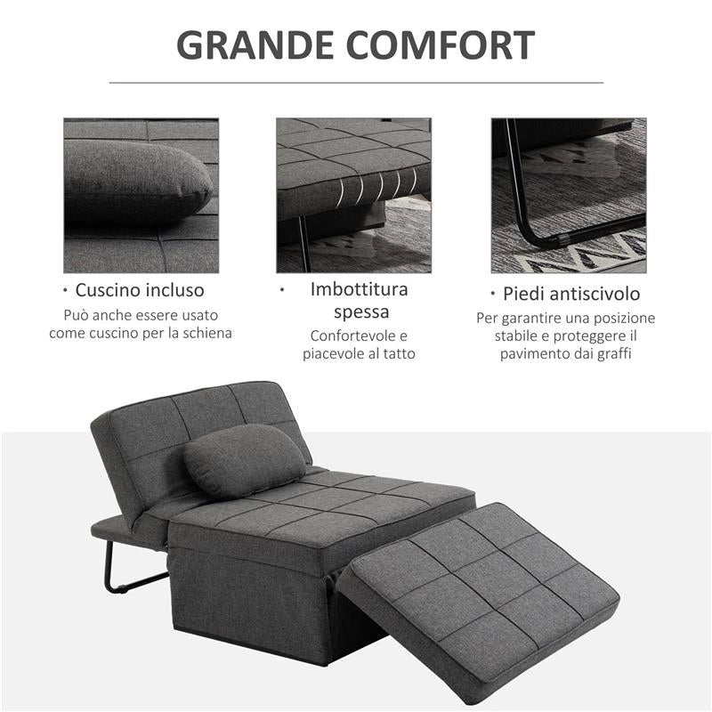 POLTRONA LETTO 3 IN 1 CON SCHIENALE REGOLABILE E CUSCINO IN TESSUTO EFFETTO LINO 95X179X78 CM GRIGIO