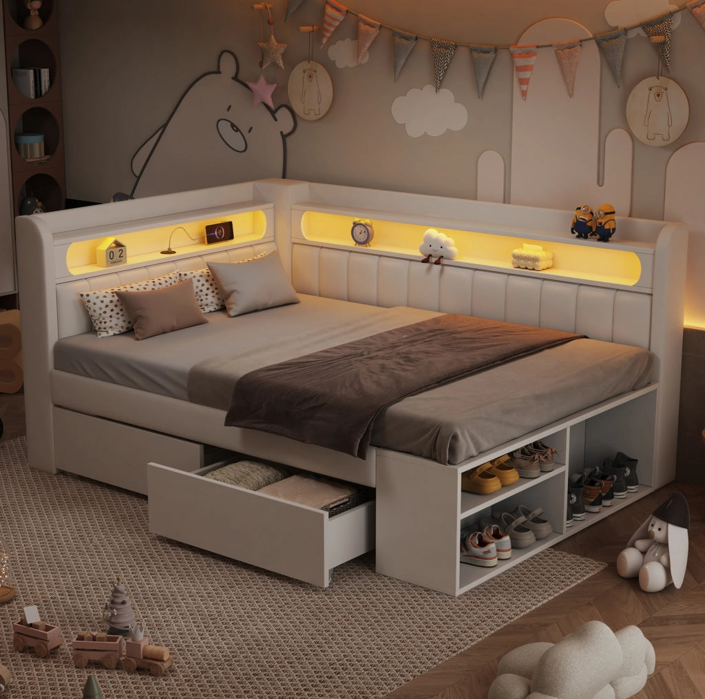 Letto imbottito 90x200 cm con LED; USB; due cassetti e scarpiera; bianco