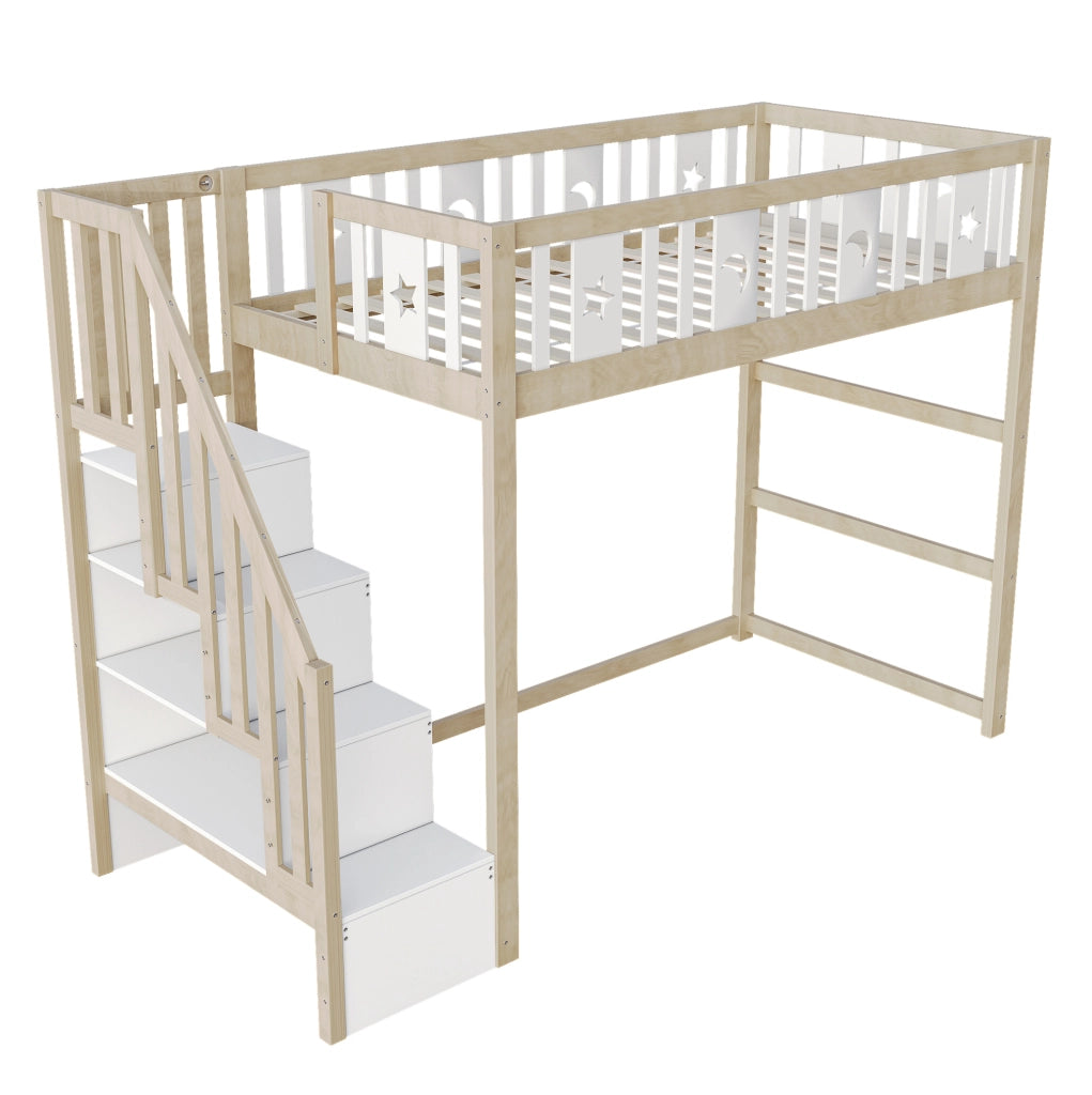 Letto a soppalco per bambini 90x200 cm con scala e ripiani