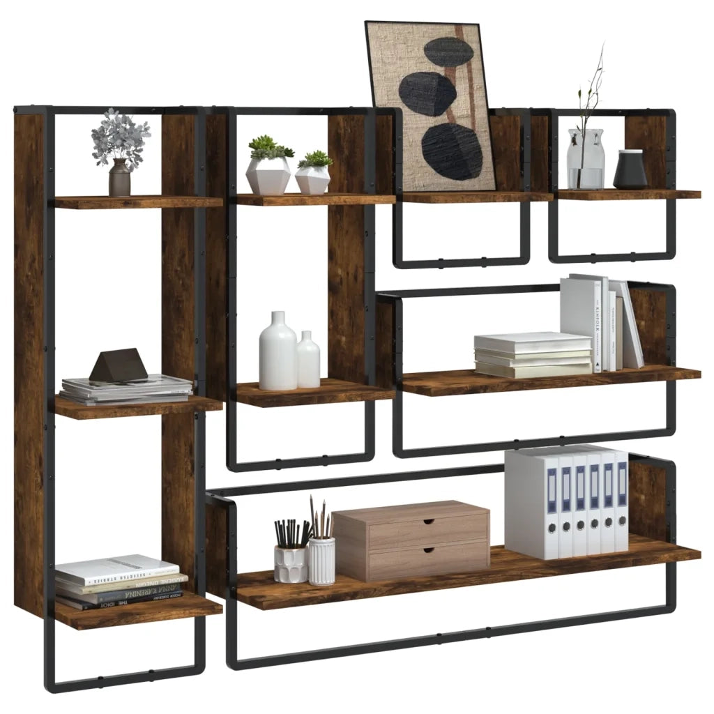 Set 6 pz Mensole Parete | Mensola sospesa con Aste Rovere Fumo Legno Multistrato
