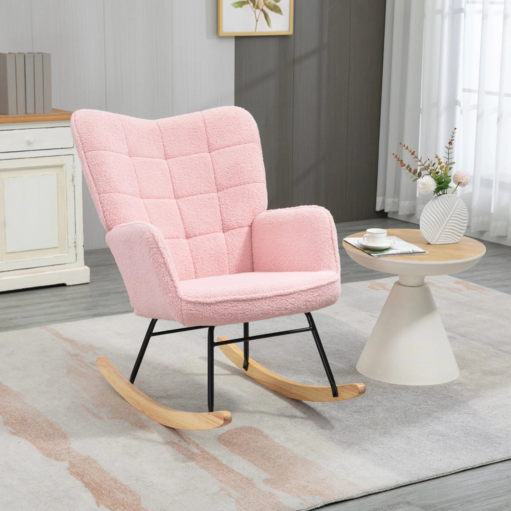 Sedia a dondolo imbottita rosa con struttura in acciaio e base in legno, portata 120 kg