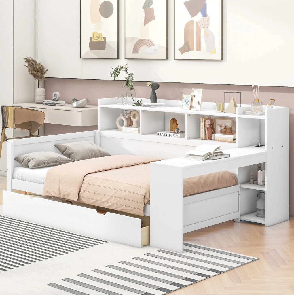 Letto singolo 90x200 cm in truciolato e MDF con USB, 2 cassetti, scrivania integrata e ripiani, bianco