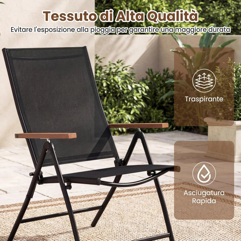 Set di 2/4 Sedie da Giardino Pieghevole, Struttura in Metallo, Poltrona in Tessuto Traspirante, Schienale Regolabile, per Balcone, Giardino, Terrazzo, Portata 150 kg (2,Nero)