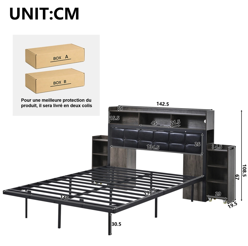 Letto matrimoniale LED 140x190 cm con testiera; USB/USB-C e 2 comodini estraibili grigio