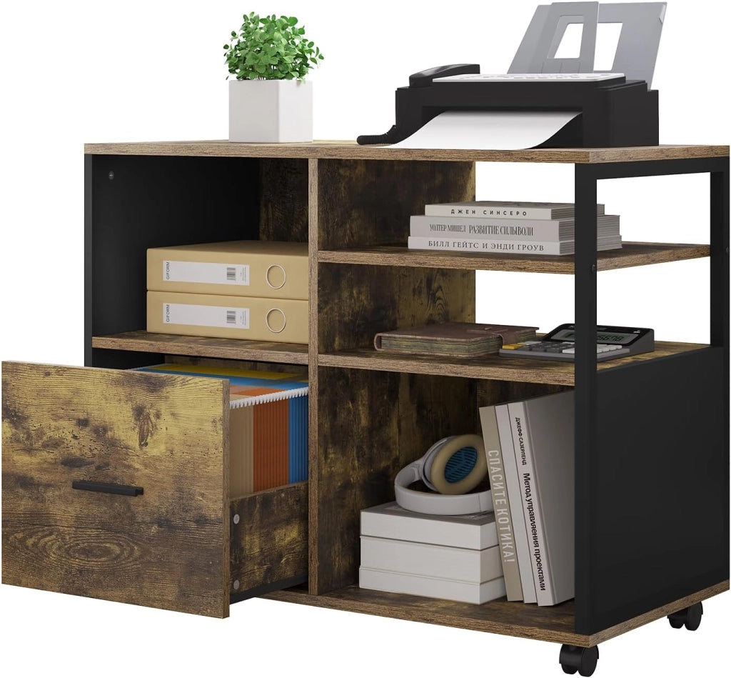 Schedario da Ufficio con 4 Scomparti a Giorno, Mobile da Ufficio per Documenti con Ruote, Mobile Vintage per Stampante con 1 Cassetto, in Legno e Metallo, Marrone Rustico e Nero, ASK05hov