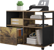 Schedario da Ufficio con 4 Scomparti a Giorno, Mobile da Ufficio per Documenti con Ruote, Mobile Vintage per Stampante con 1 Cassetto, in Legno e Metallo, Marrone Rustico e Nero, ASK05hov