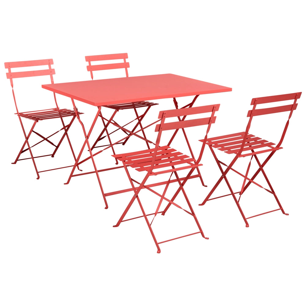 Set da pranzo da giardino con tavolo e sedie in acciaio rosso, contenitore pieghevole