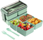 Lunchbox per Bambini 1,4L con 3 Compartimenti Bento Box Resistenti ai Liquidi con Fork e Cucchiaio per Ufficio, Famiglia, Campeggio, Viaggio, Sito di Costruzione - Verde