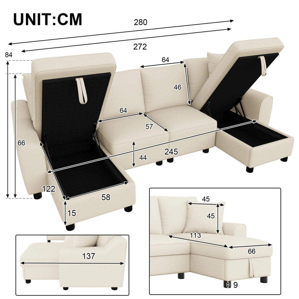 Divano a U moderno in ciniglia beige con chaise longue e vano contenitore