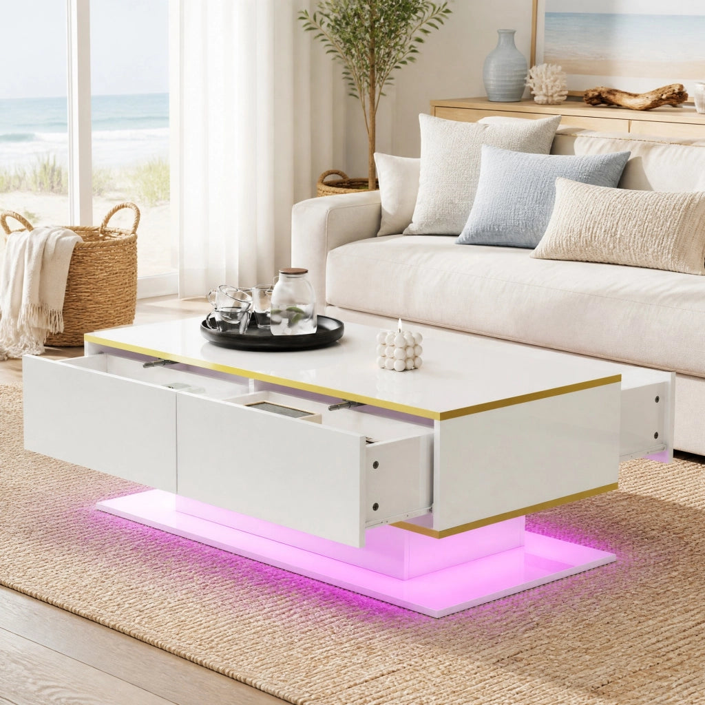 Tavolino da caffè con LED e 3 cassetti 100x50x40 cm in truciolare bianco con dettagli oro