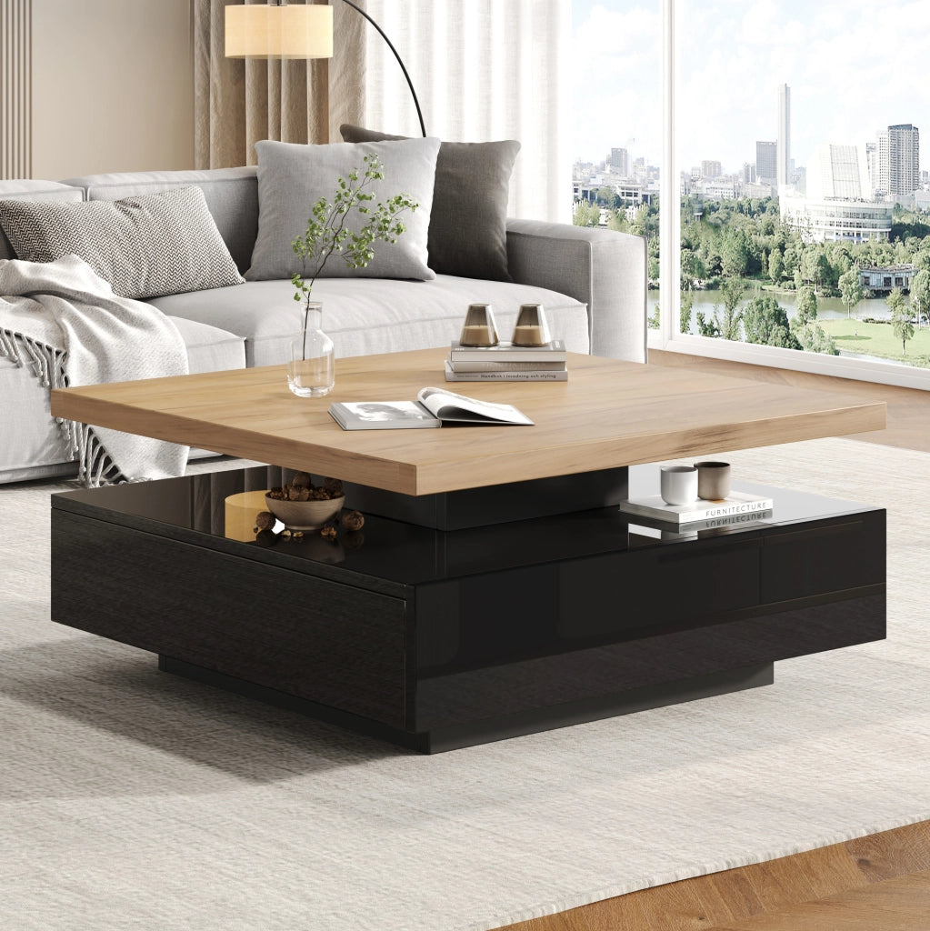 Tavolino da caffè quadrato girevole a 360° con vano nascosto 70x70x36 cm in truciolare; noce e nero