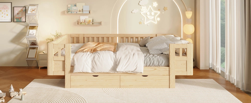 Letto per bambini in legno massiccio con sponde protettive e due cassetti, finitura legno 140 × 200 cm