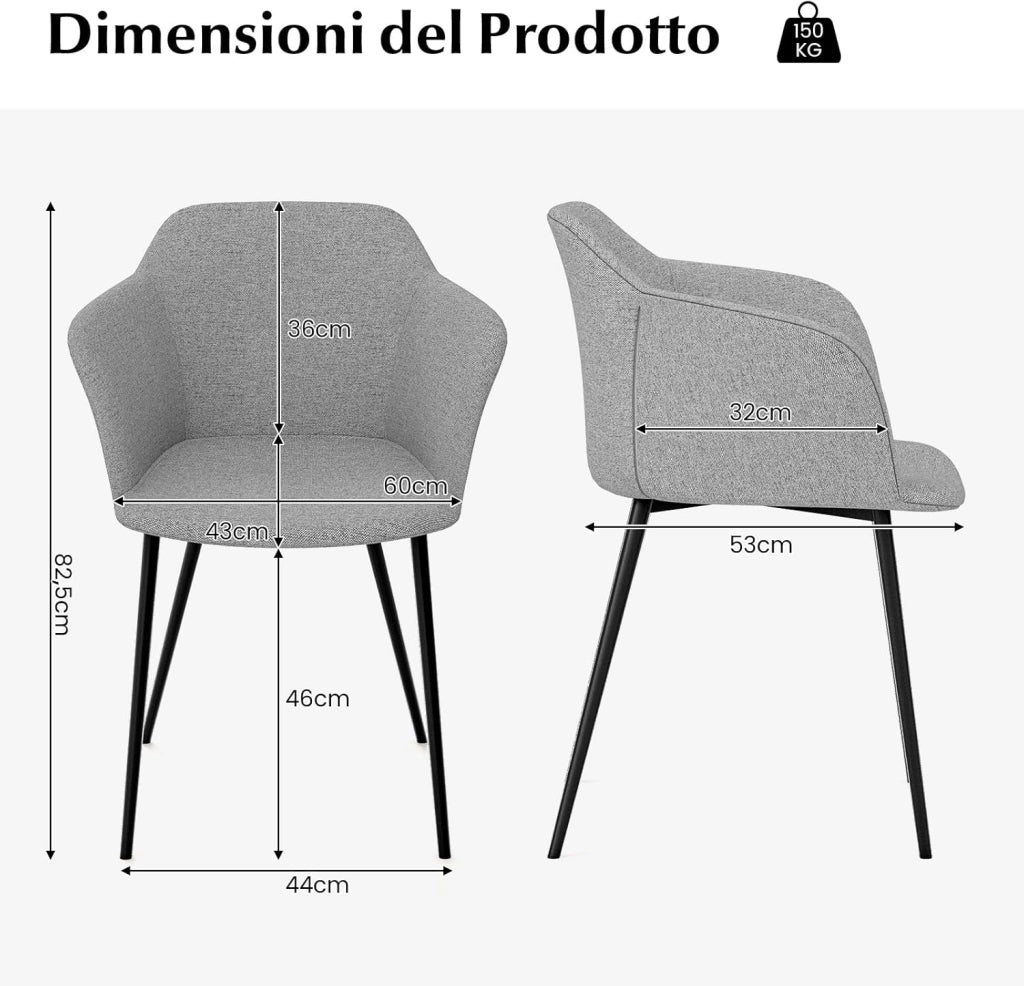 Set di 2 Sedie da Pranzo, Sedia da Pranzo Imbottita con Schienale Ergonomico, Ampi Braccioli, Sedie Moderne ed Eleganti per Soggiorno, Sala da Pranzo e Cucina, Portata 150 kg (Grigio chiaro)