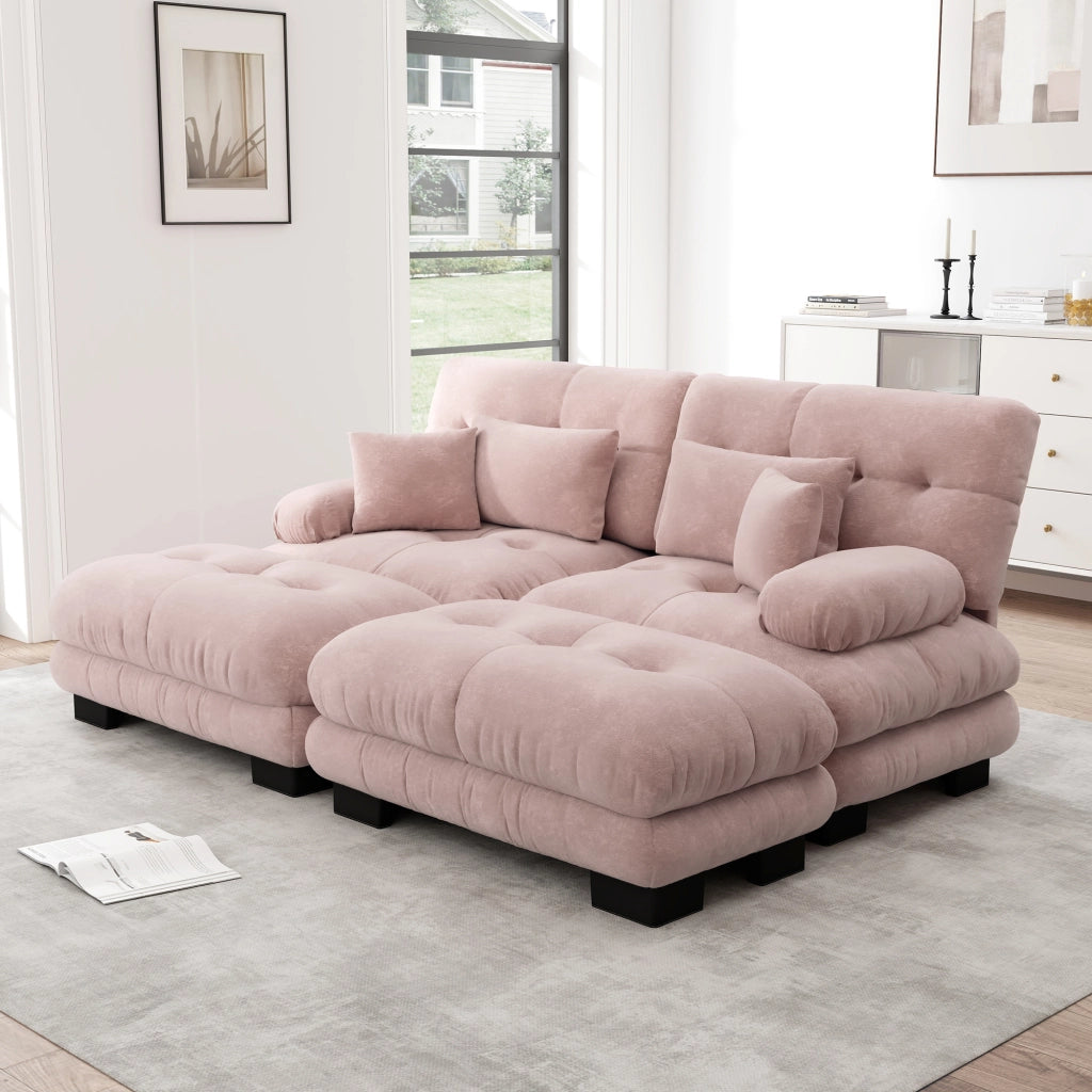 Divano modulare in chenille con cuscini lombari, pouf mobili e braccioli imbottiti per soggiorno rosa