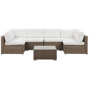 Set salotto da esterno marrone finto rattan bianco cuscini divano angolare modulare per 6 persone tavolino moderno set da giardino