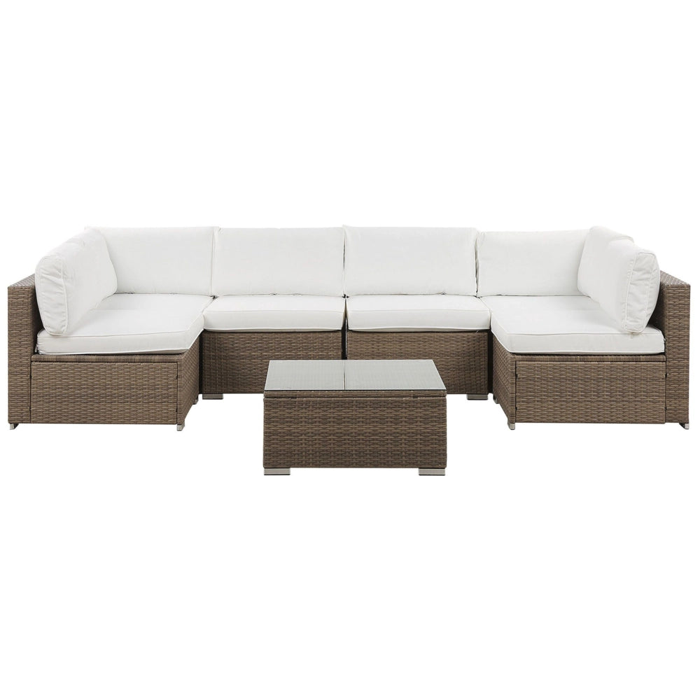 Set salotto da esterno marrone finto rattan bianco cuscini divano angolare modulare per 6 persone tavolino moderno set da giardino