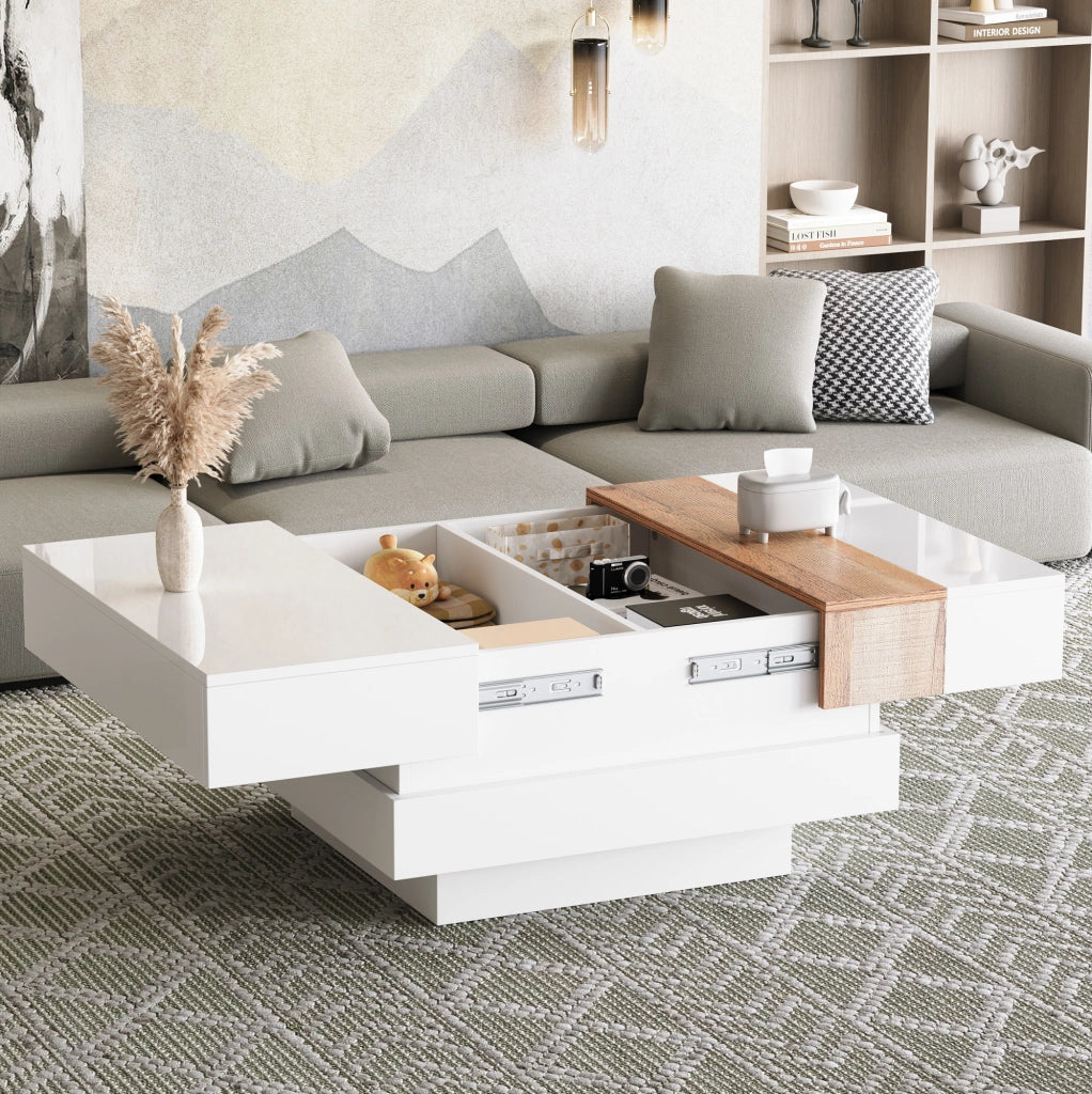 Tavolino da caffè quadrato 70x70x39 cm bianco lucido con piano estraibile e vano contenitore