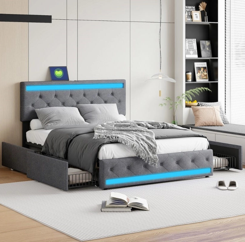 Letto matrimoniale contenitore 160x200 cm con testiera regolabile LED e porte USB struttura letto con 4 cassetti in legno lino grigio