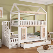 Letto a castello a casetta con scala contenitiva e 2 cassetti 90x200 cm