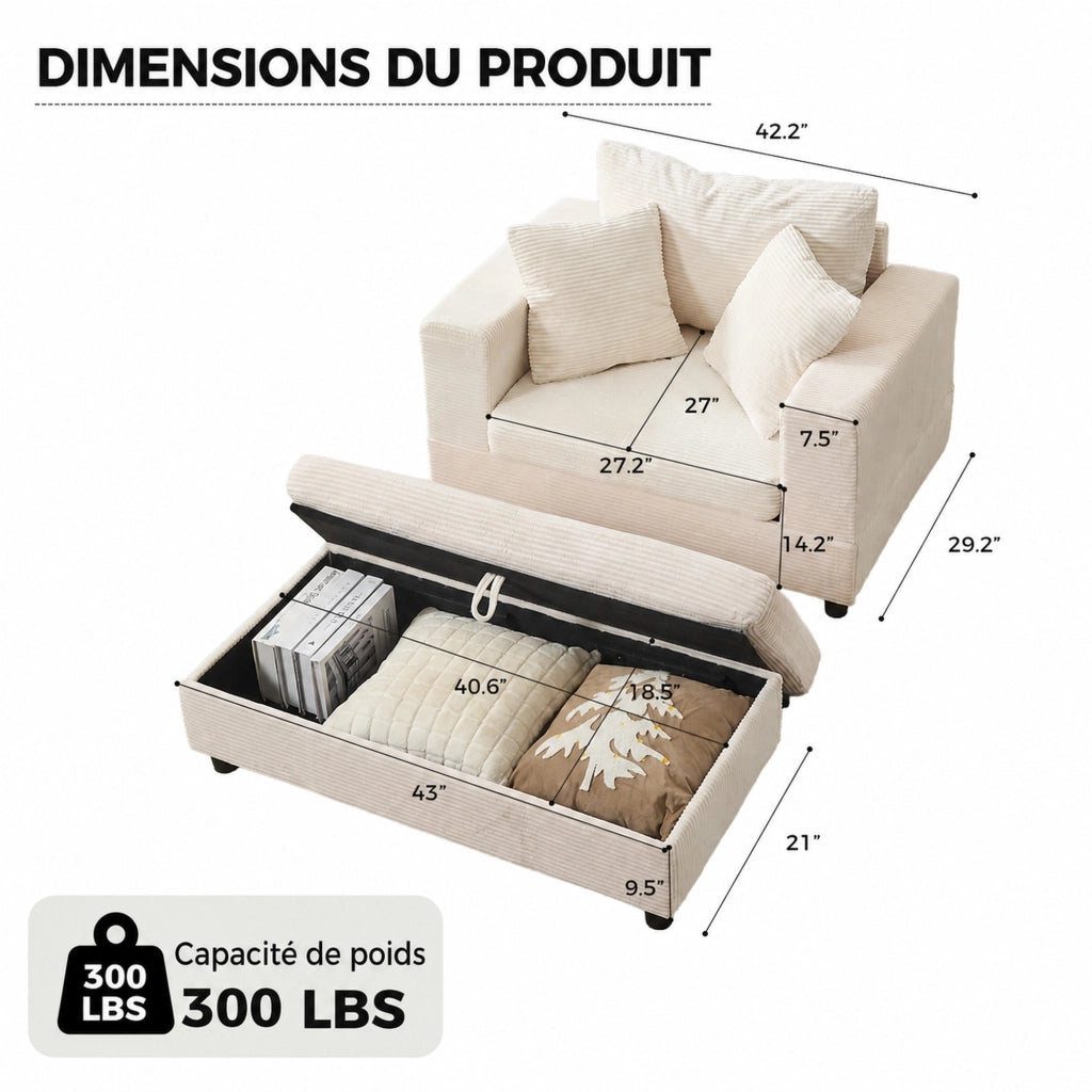 Chaise longue con contenitore e cuscini in tessuto a coste beige in metallo e legno 107 × 74 × 57 cm