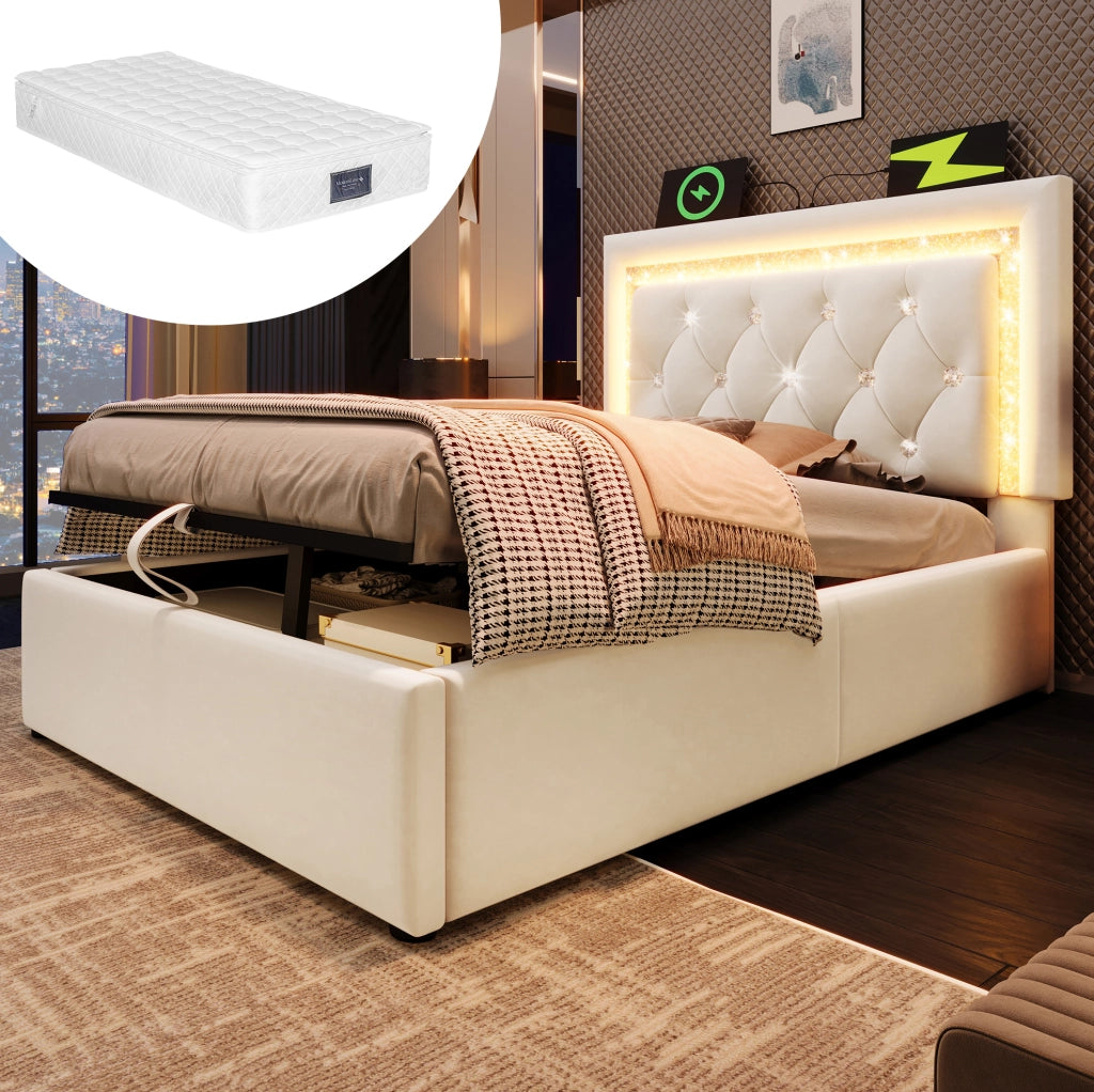 Letto singolo imbottito 90x200 cm in velluto beige con LED; USB; contenitore e materasso