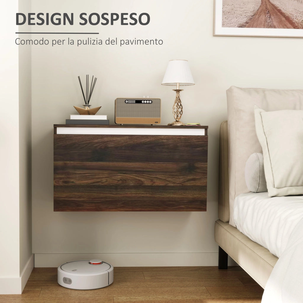 Comodino Sospeso con Cassetto Senza Maniglie e con Fissaggio a Parete, 80x30x45cm, Noce