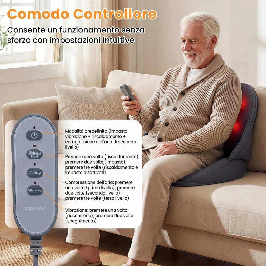 Massaggiatore con Riscaldamento, Cuscino Sedile Pieghevole con Massaggio Shiatsu per Lombare e Fianchi con Impastamento, Compressione ad Aria a 3 Livelli e Vibrazione
