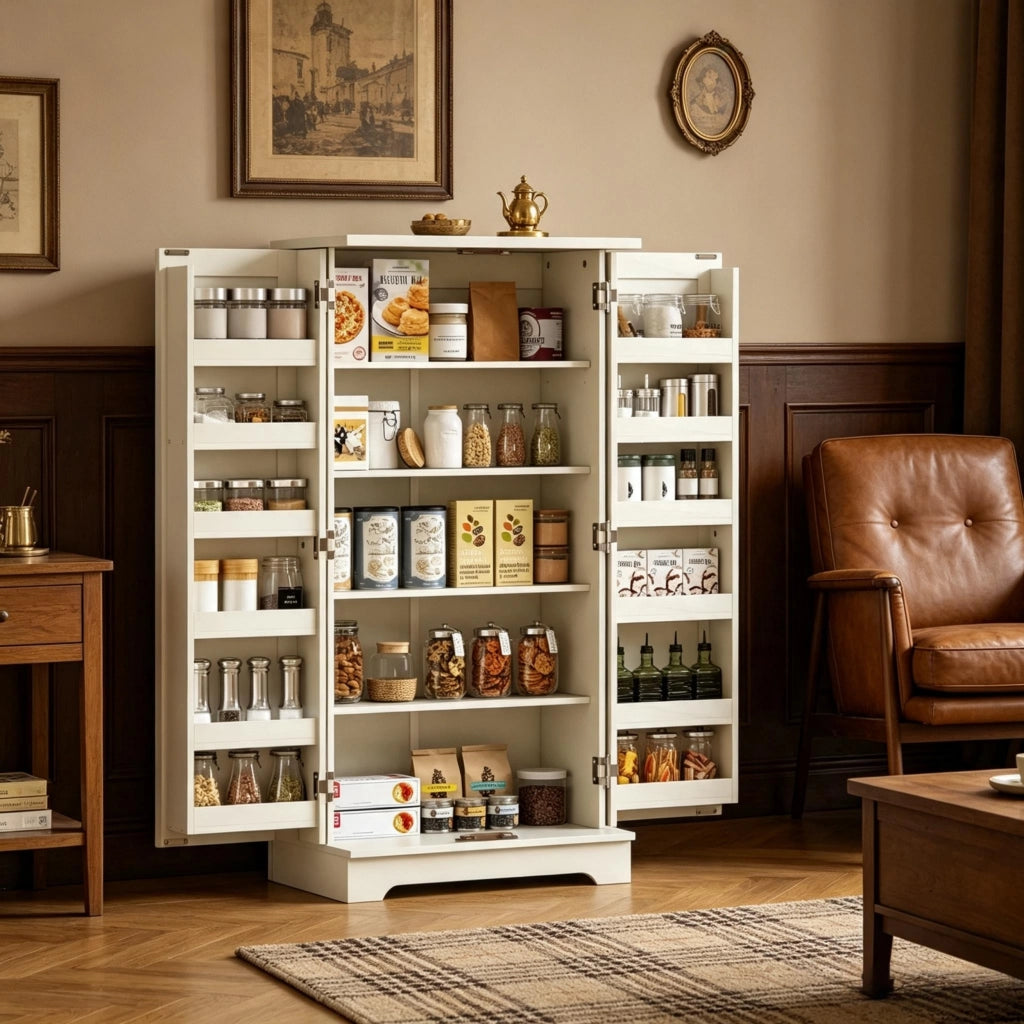 Ampio mobile da cucina, dispensa con scomparti ben organizzati, elegante mobile contenitore