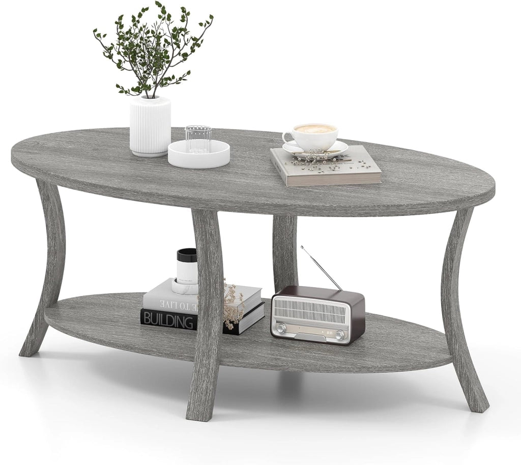 Tavolino da Centro a 2 Livelli, Tavolino Ausiliario Ovale con Gambe Curvate, Venatura del Legno, Piedini Antiscivolo, Ripiano per Soggiorno, Studio, Sala d'Attesa, Grigio/Rovere (Naturale)
