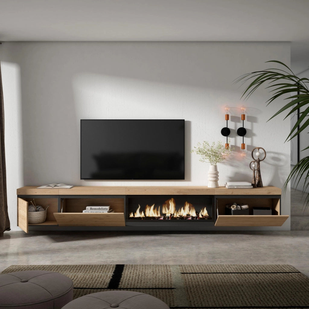 Mobile TV Soggiorno, 317x35x45cm, Camino elettrico XXL, da appendere, colore Rovere RF3677