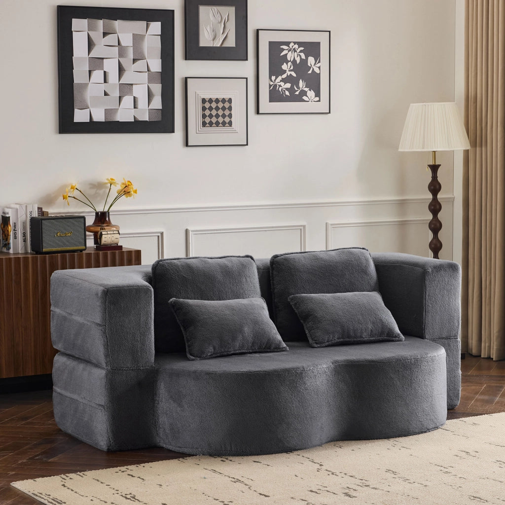 DIVANO LETTO A PAVIMENTO 143 cm Blu e Grigio con 4 cuscini