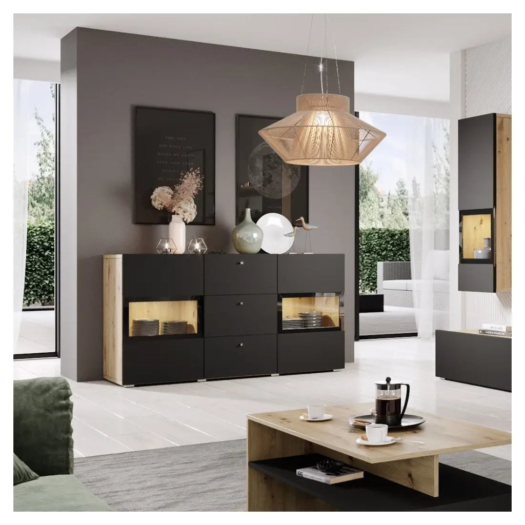 Buffet RAMOS 130 cm – Rovere e nero opaco super – LED multicolore integrate – 2 porte in vetro + 3 cassetti