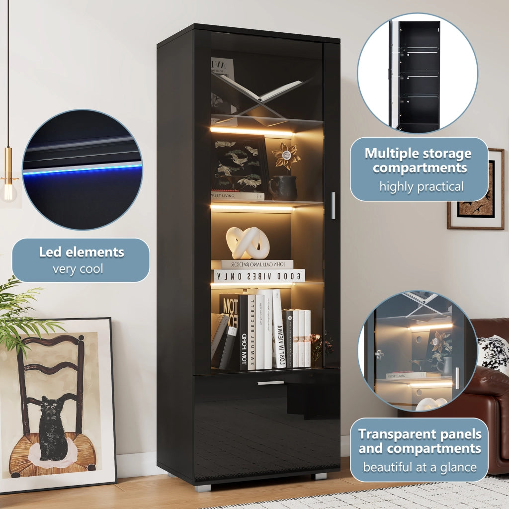 Vetrina con 3 ripiani, ante in acrilico e LED con telecomando, per soggiorno e studio, nero, 40 × 50 × 160 cm