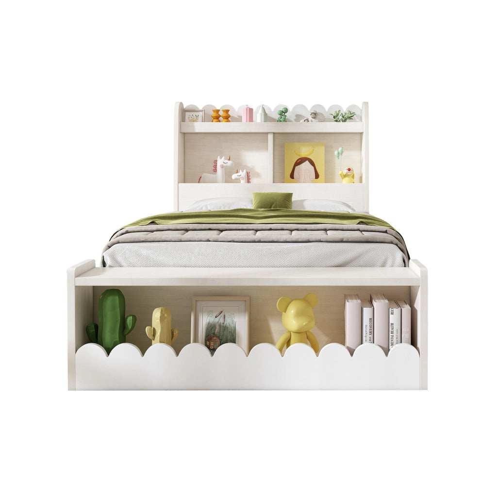 Letto singolo per bambini 90x190 cm con 2 cassetti; scaffali e panca contenitore bianco e rovere chiaro