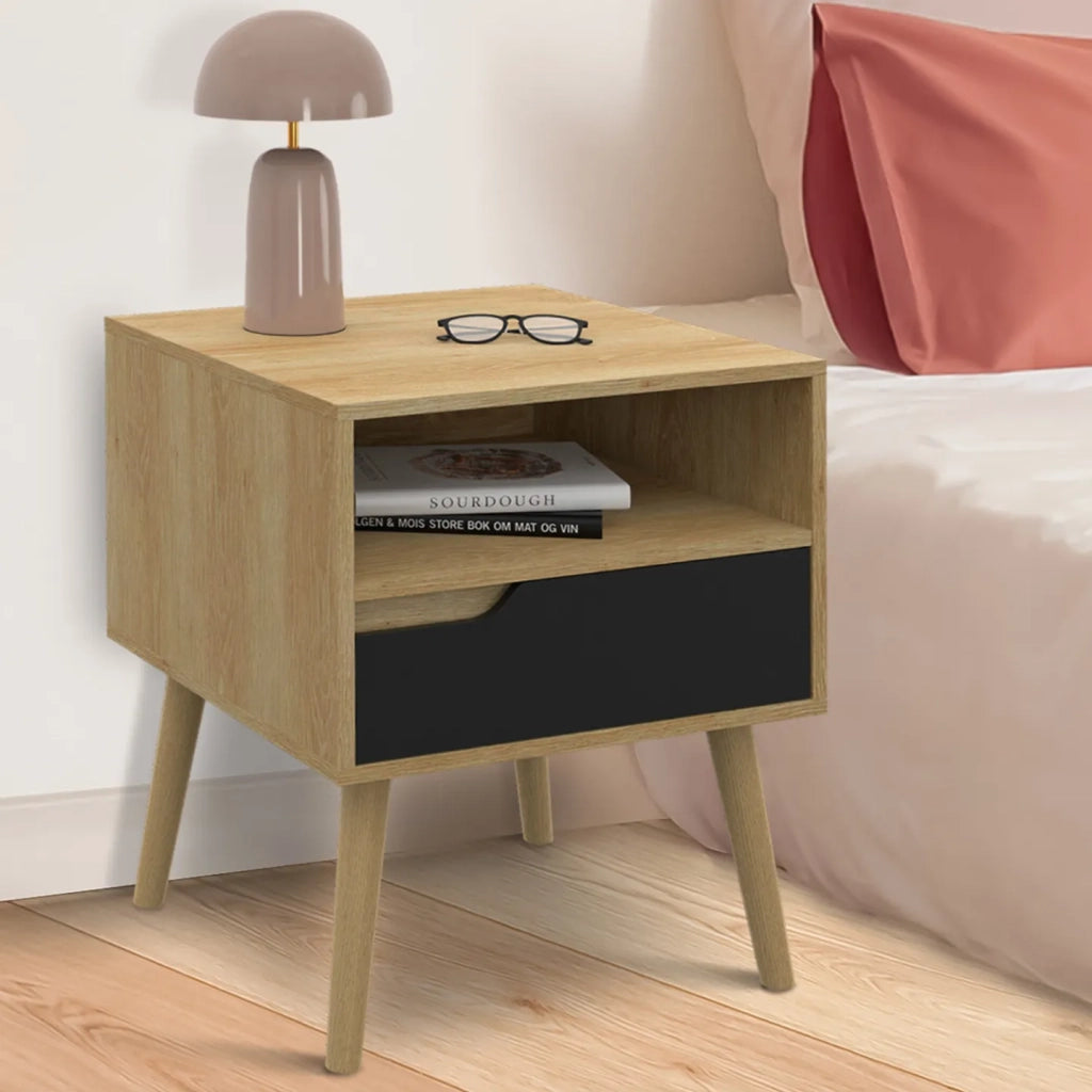 IDMarket - Juego de 2 mesillas de noche escandinavas HELSINKI de 1 cajón en negro y efecto haya