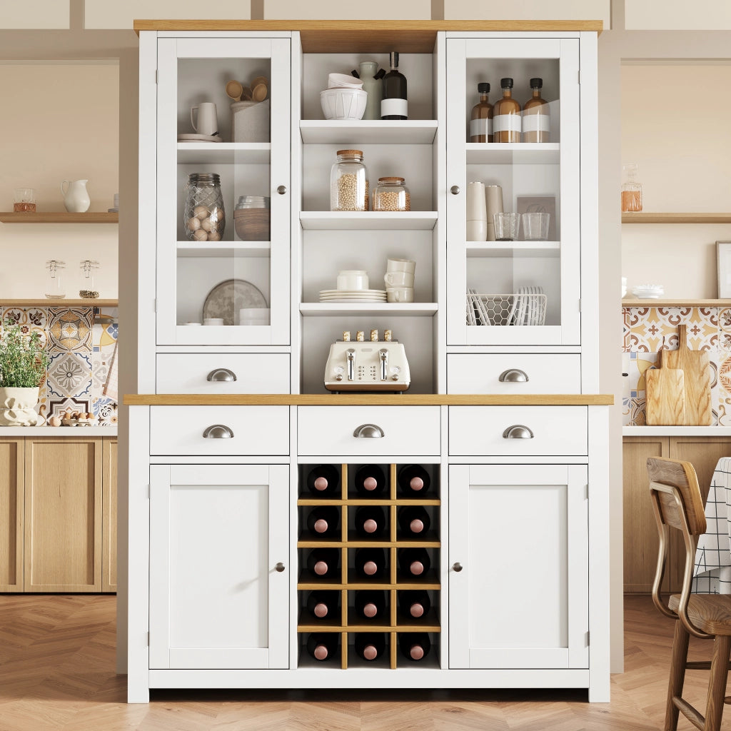 Credenza alta con anta in vetro, 5 cassetti e ripiano regolabile, per cucina e soggiorno, in MDF e vetro, bianco