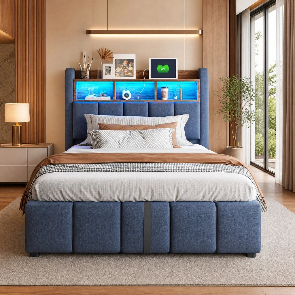 Letto singolo imbottito 90x200 cm grigio con LED e USB