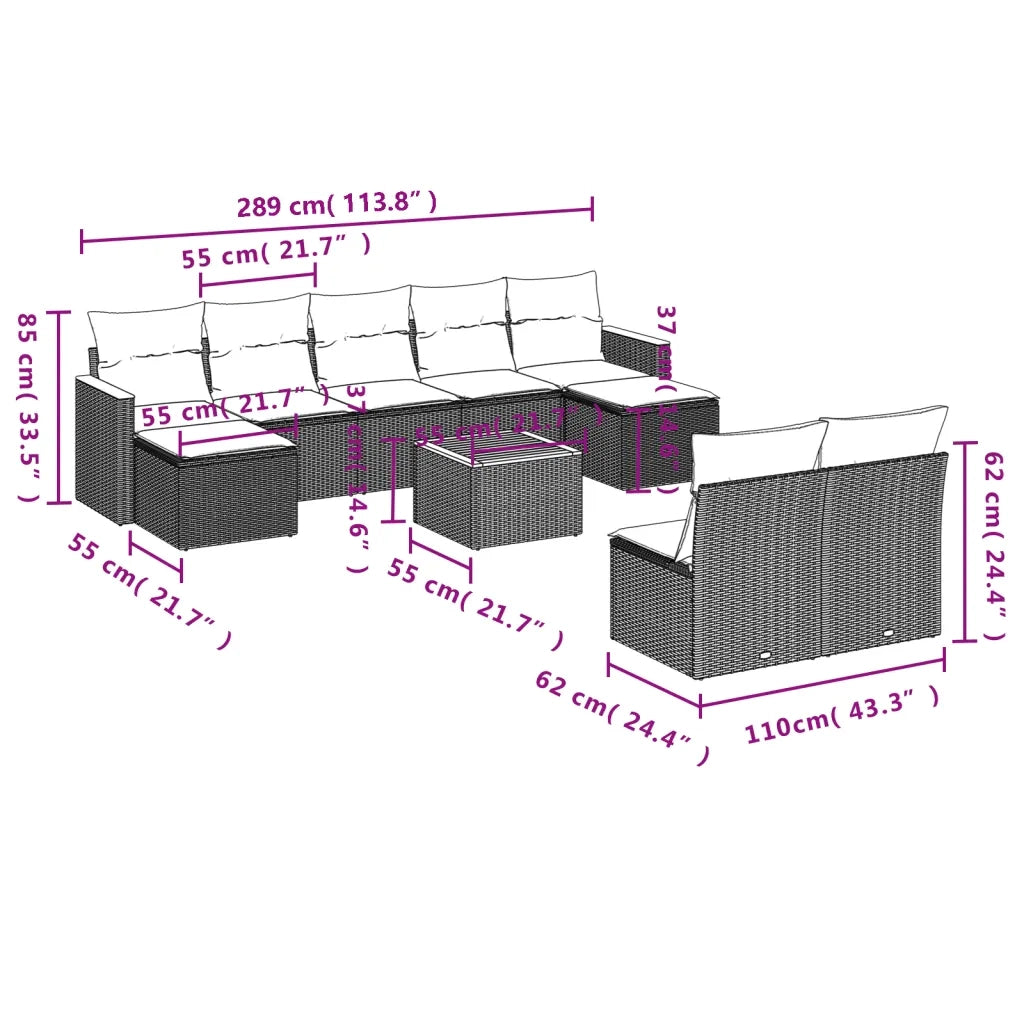 Set Divano da Giardino 10 pz con Cuscini Beige in Polyrattan