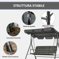 Dondolo da Giardino 3 Posti con Tettuccio Regolabile in Rattan PE, 167x112x153cm, Grigio Scuro
