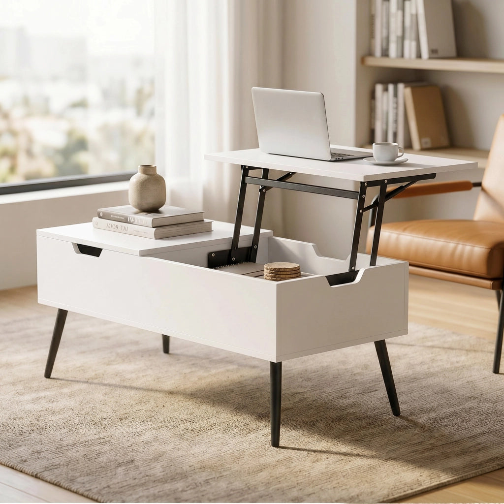 Tavolino da Caffè 100x50x43,6 cm Sollevabile con Piano Doppio e Scomparto Nascosto Bianco