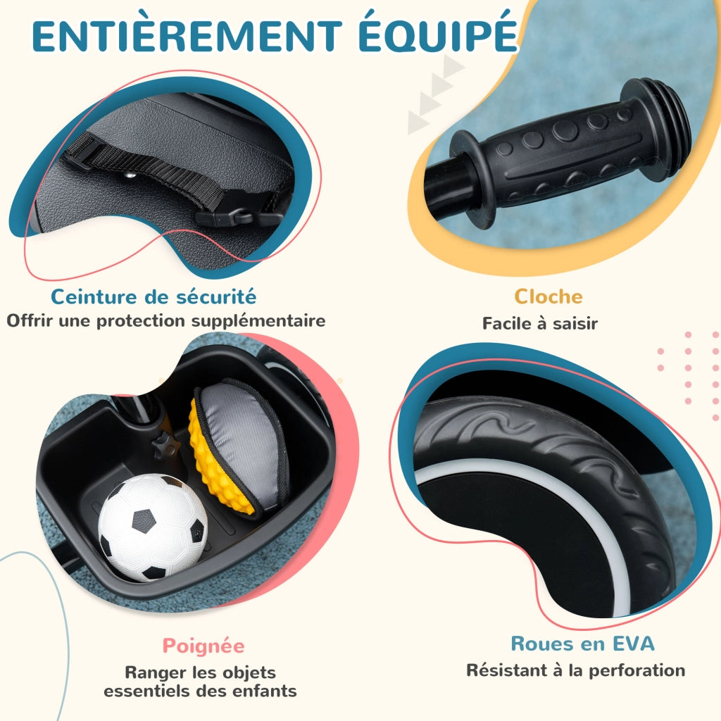 Triciclo per Bambini Regolabile con Cestini e Cintura di Sicurezza ¨C Zephmum ¨C 2-5 Anni Nero