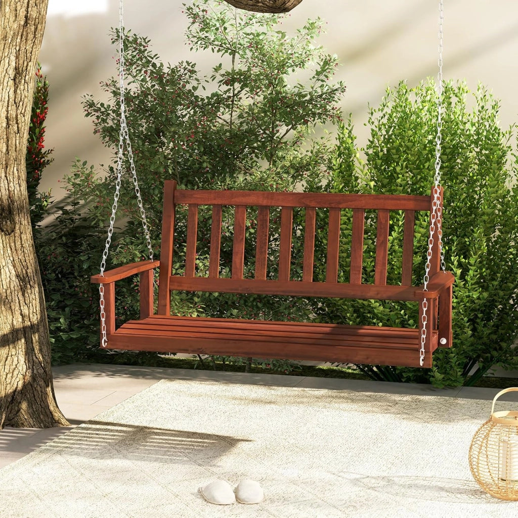 Altalena sospesa in legno per 2/3 persone con catene in metallo zincato regolabili e resistenti, con schienale a doghe e sedile per patio, giardino, 136 x 67 x 63 cm, marrone)