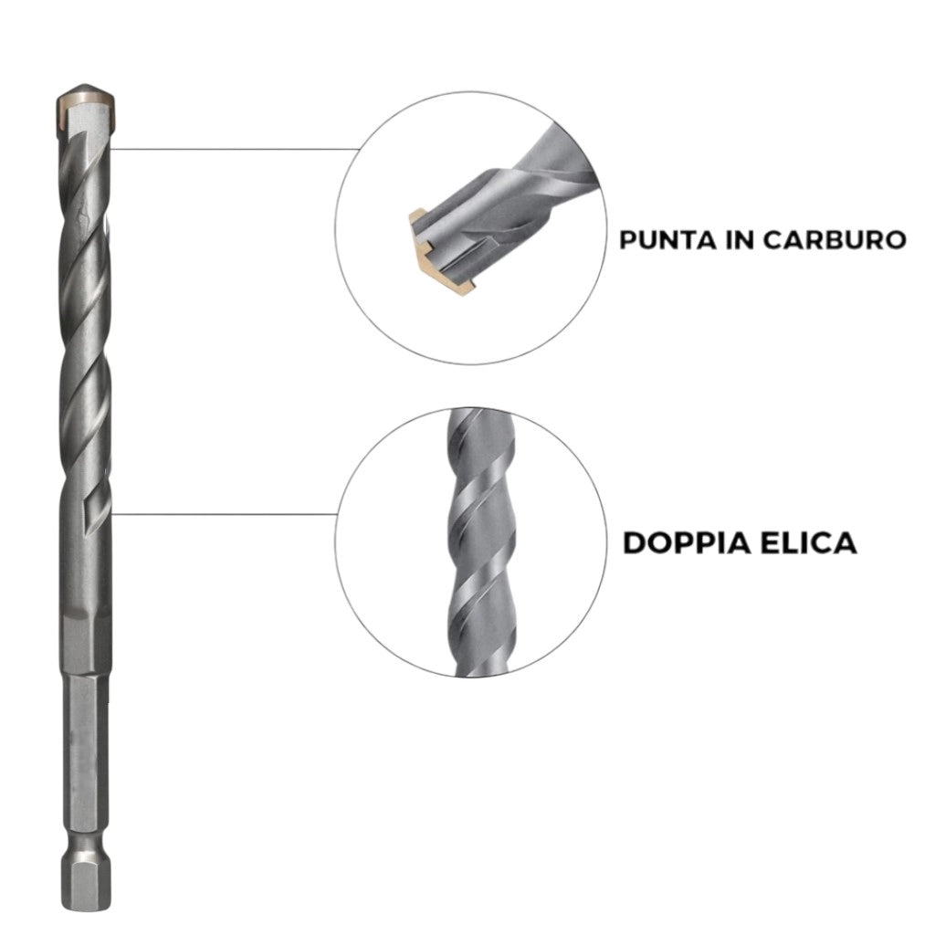 Set 5 Punte Trapano Muratura Attacco Esagonale 4 5 6 8 10 mm Cemento VHT02588