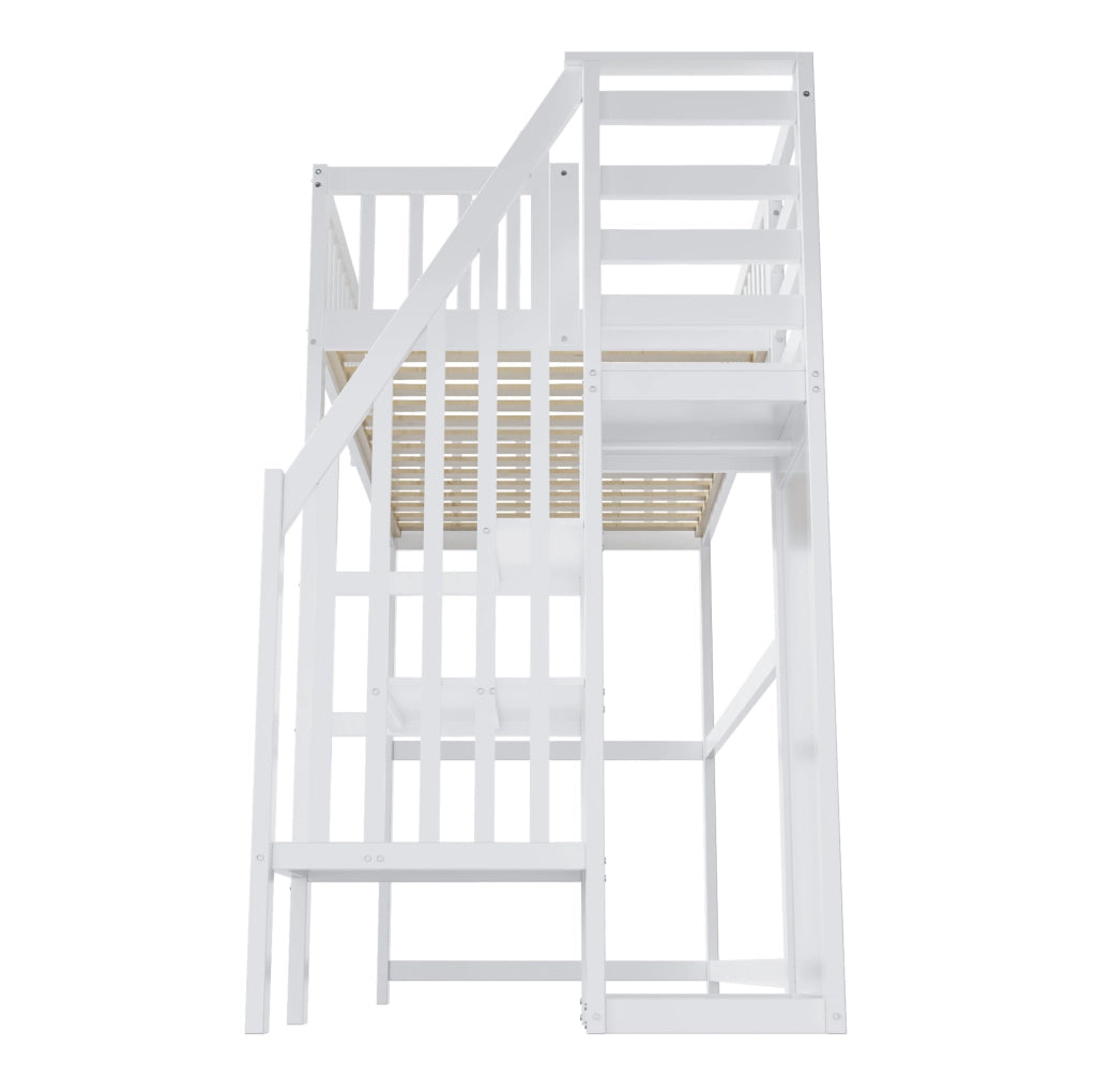 Letto a soppalco 90x200 cm bianco in legno con scala contenitore e armadio