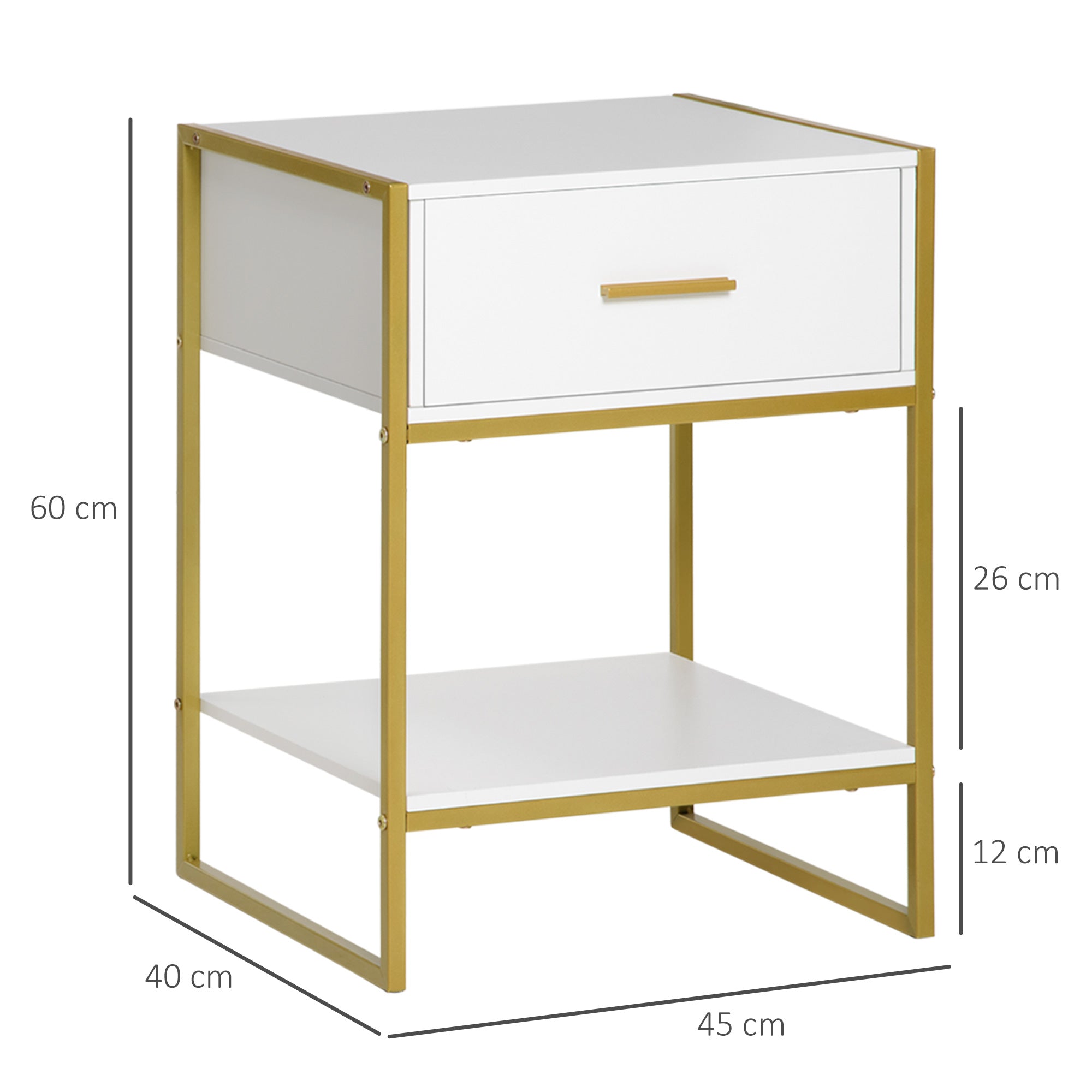 Set 2 Comodini Moderni con Cassetto e Ripiano Aperto 45x40x60 cm in MDF e Acciaio Bianco e Oro