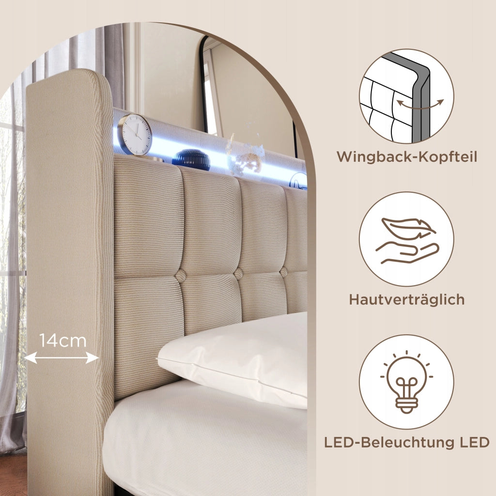 Letto imbottito 160x200 - Xylo - USB, LED, 4 cassetti beige