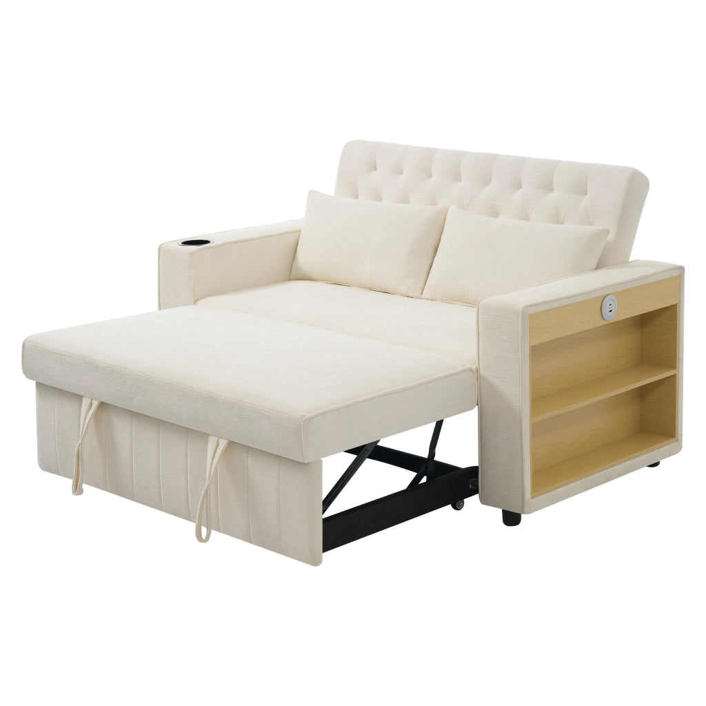 Divano Letto 2 Posti con Porta USB, Portabicchieri, Porta Libri, 3 Posizioni, in Chenille Beige